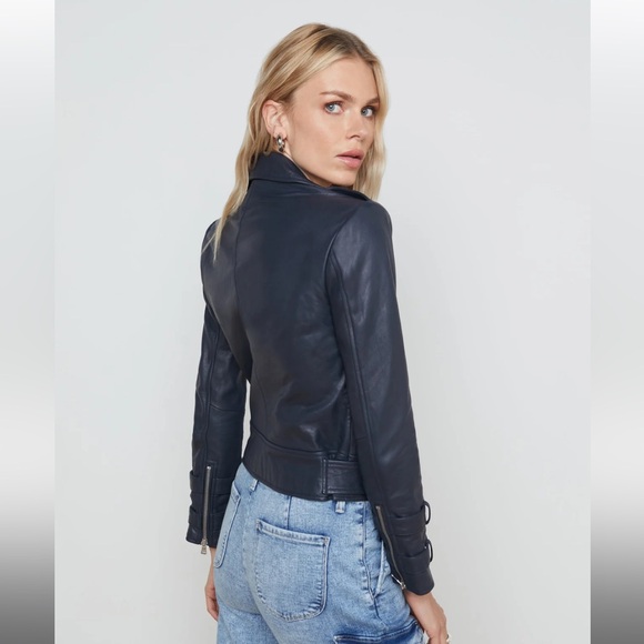 L'AGENCE Billie Belted Leather Jacket  /Coat Midnight Navy XS - Picture 8 of 14